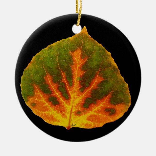 Green Orange & Yellow Aspen Leaf #1 Ceramic Tree Decoration (Front)