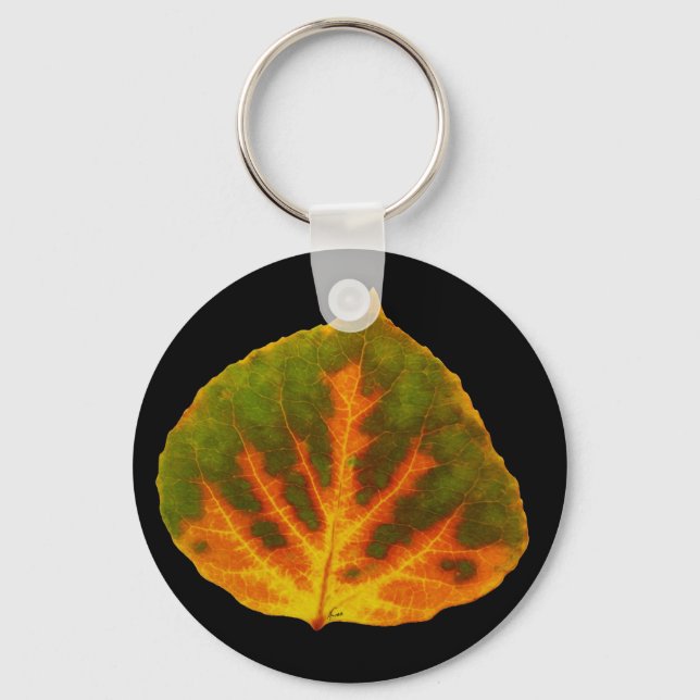 Green Orange & Yellow Aspen Leaf #1 Key Ring (Front)