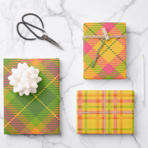 GREEN ORANGE YELLOW PINK PLAID PATTERNS WRAPPING PAPER SHEET