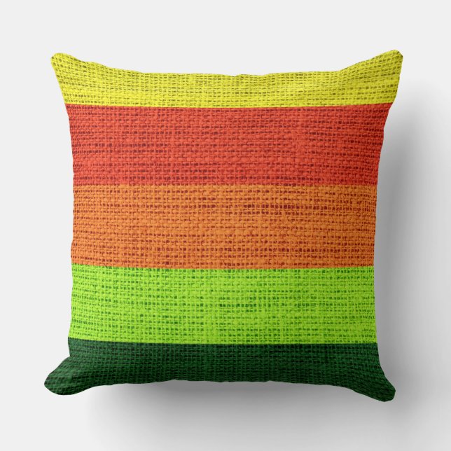 Green Orange Yellow Stripes Burlap Rustic Jute Cushion (Front)