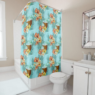 GREEN ORANGE YELLOW TROPICAL HIBISCUS FLOWERS SHOWER CURTAIN