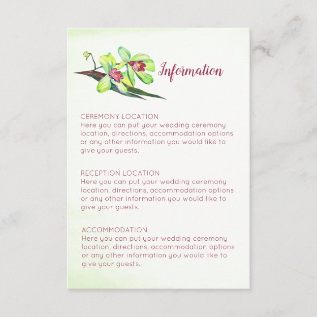 Green Orchid Marsala Wedding Information Cards (Front)