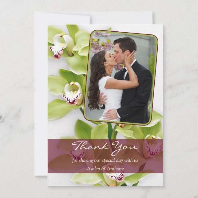 Green Orchid Photo Wedding Thank You Card (Front)