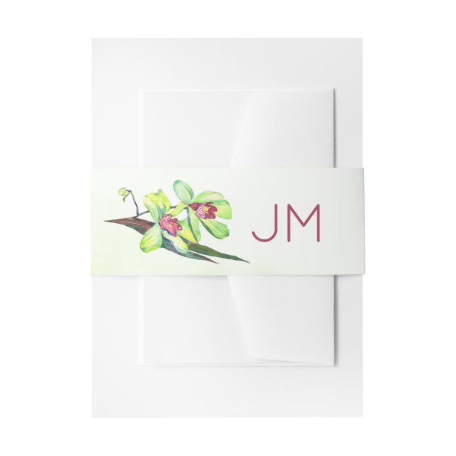 Green Orchids Monogram Wedding Invitation Belly Band (Front Example)