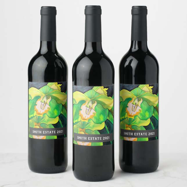 Green Orchids watercolor floral art wine label (Bottles)