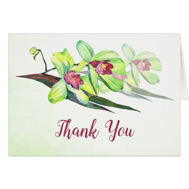 Green Orchids Watercolor Thank You Card (Front Horizontal)