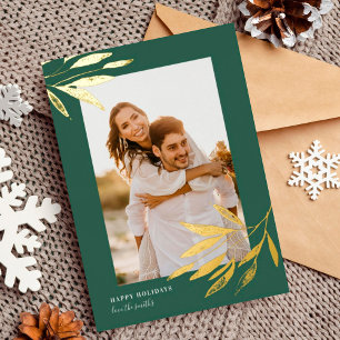 Green Organic Natural Christmas Wedding Photo Gold Foil Holiday Card