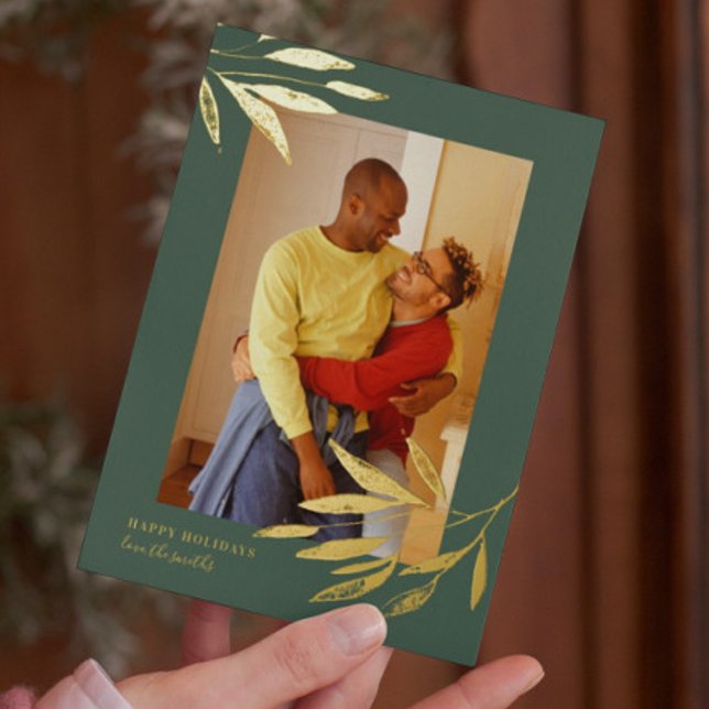 Green Organic Natural Christmas Wedding Photo Gold Foil Holiday Card (Creator Uploaded)