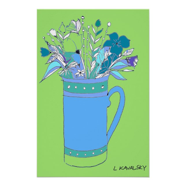 Green Original Colourful Flowers In A Mug Poster  (Front)