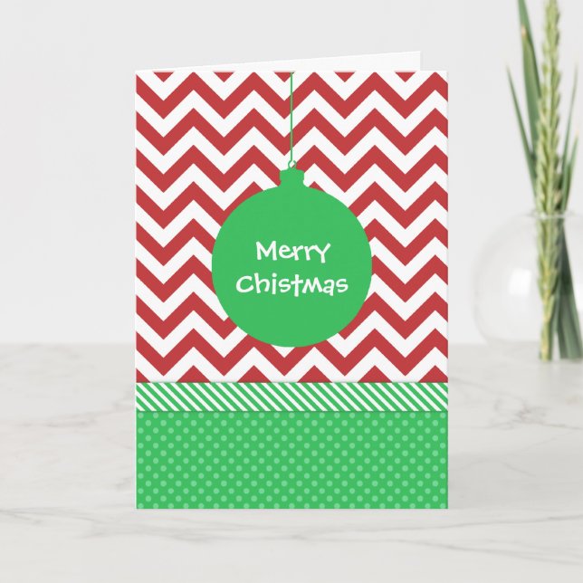 Green Ornament on Red and White Chevron Holiday Card (Front)