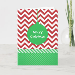 Green Ornament on Red and White Chevron Holiday Card