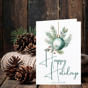 Green Ornament Trendy Happy Holidays Script Holiday Card