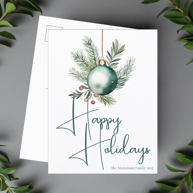 Green Ornament Trendy Happy Holidays Script Holiday Postcard (Creator Uploaded)