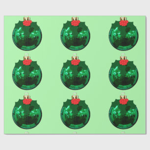 Green Ornament With Holly on Green Wrapping Paper