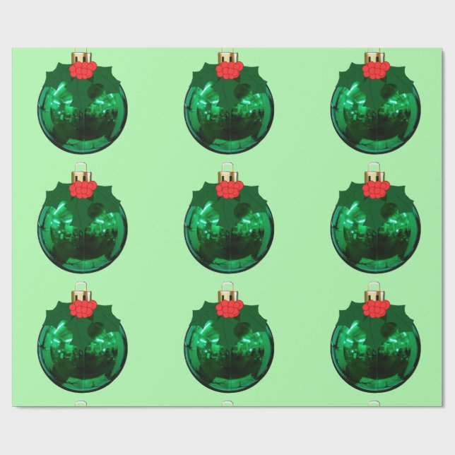Green Ornament With Holly on Green Wrapping Paper (Flat)
