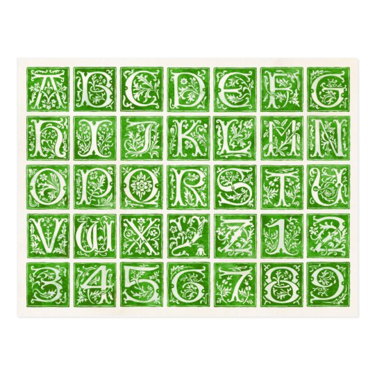 Green Ornamental Alphabet and Numbers Postcard