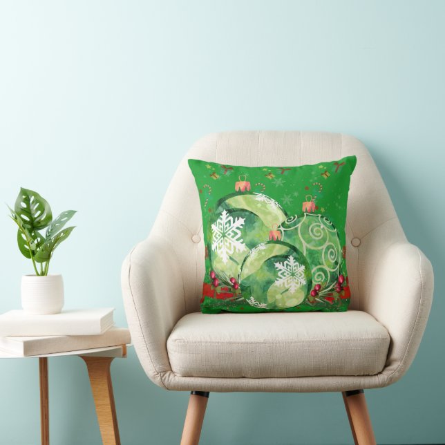 Green Ornaments and Red Berries on Green  Cushion (Chair)
