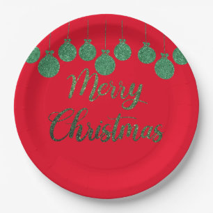 Green ornaments - merry christmas paper plate