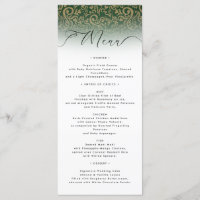 Green Ornate Damask Wedding Menu Card