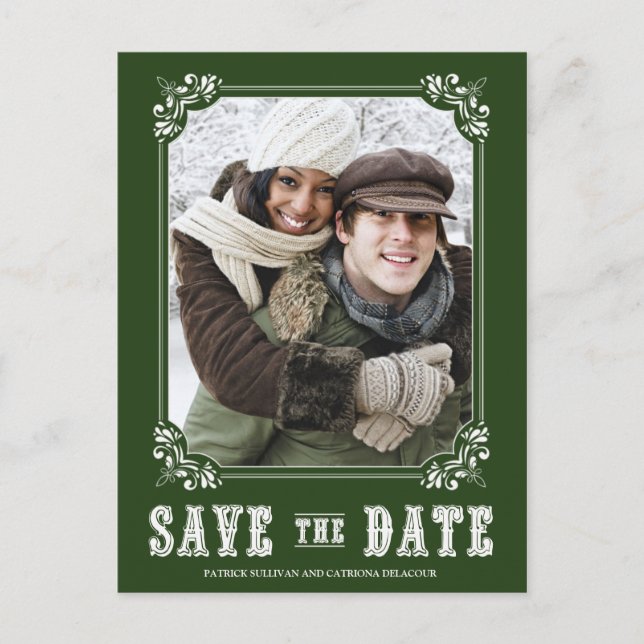 Green Ornate Frame Photo Save the Date Postcard (Front)