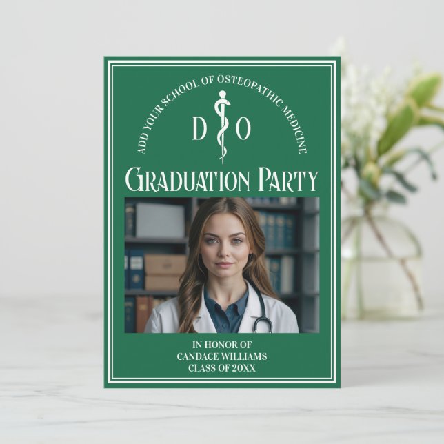 Green Osteopathic Medical School Graduation Party Invitation (Standing Front)