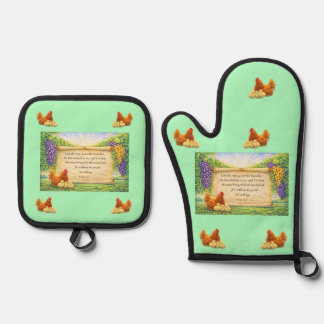 Green Oven Mitt & Potholder Set w/ Bible Verse