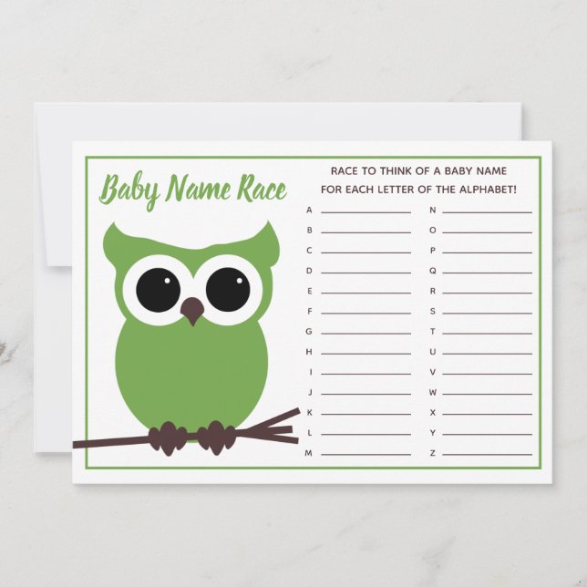 Green Owl Baby Name Race Baby Shower Game Invitation (Front)