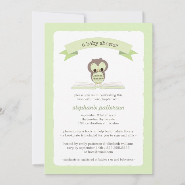 Green Owl Bring a Book Baby Shower Invitation (Front)