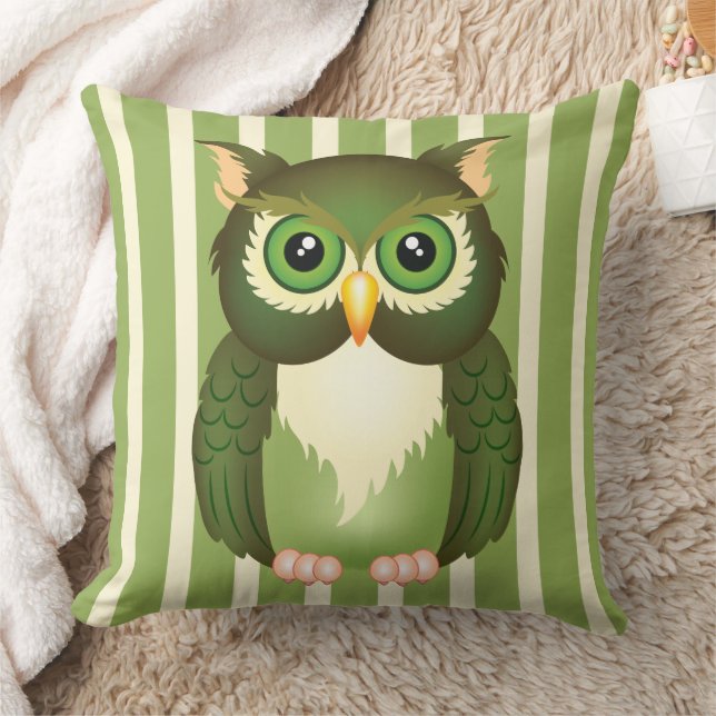 Green Owl Cotton Throw Pillow, 20" x 20" Cushion (Blanket)