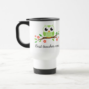 Green owl on floral branch best teacher ever travel mug