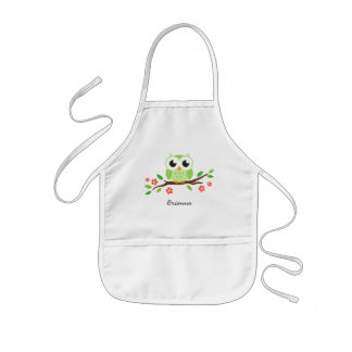 Green owl on flowering branch personalised name kids apron