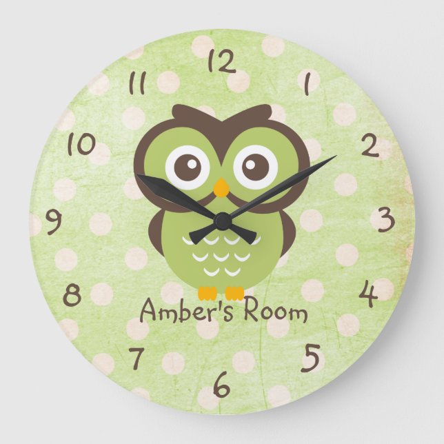Green Owl Personalised Bedroom Large Clock (Front)