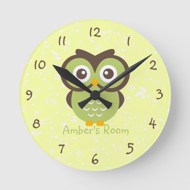 Green Owl Personalised Bedroom Round Clock (Front)