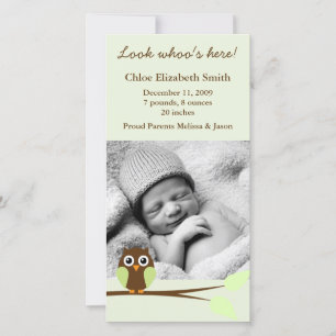 Green Owl Photo Birth Announcements