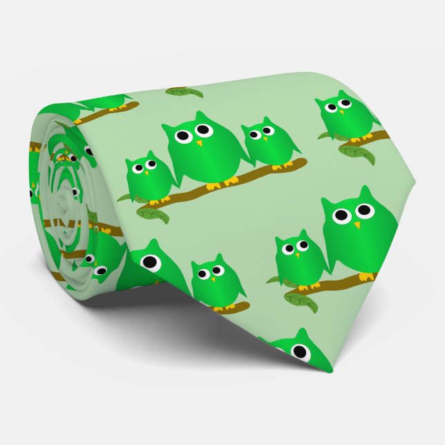 Green Owls Design Any Colour Background Tie (Rolled)
