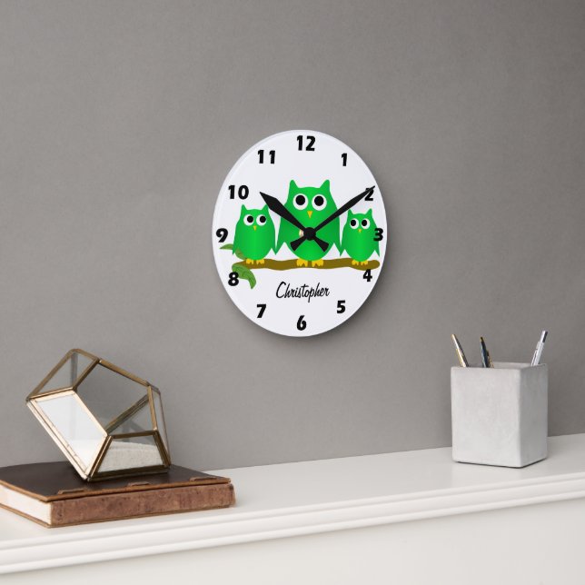 Green Owls Design Personalised Round Clock (Office)