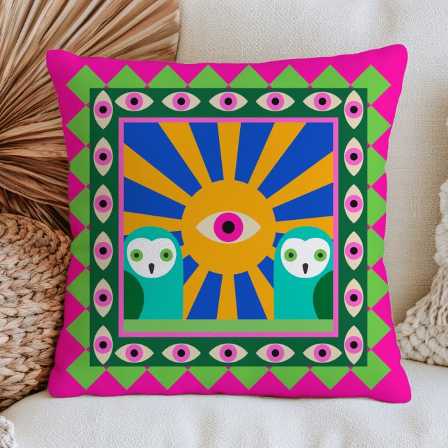 Green Owls Retro Sunrays Evil Eye Bold Maximalist  Cushion (Creator Uploaded)