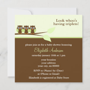 Green Owls Triplets Baby Shower Invitation