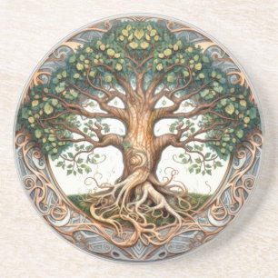 Green Pagan Tree of Life Sandstone Coaster