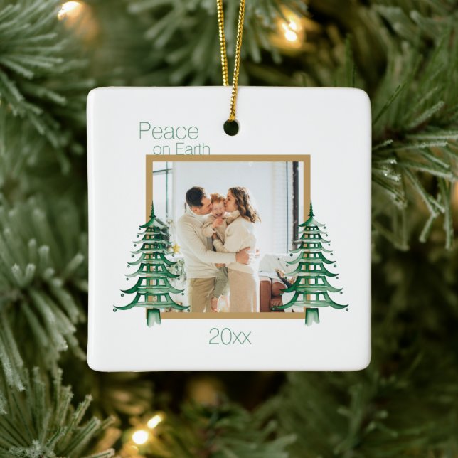 Green Pagoda Christmas Trees 2Photo Peace On Earth Ceramic Ornament (Tree)