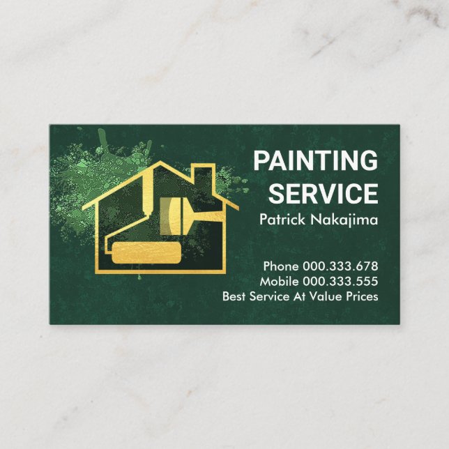 Green Paint Splatter Gold Home Brush Business Card (Front)