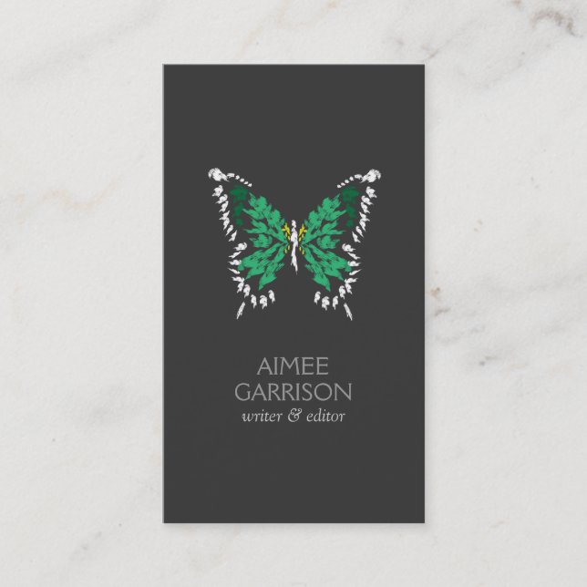 Green Painted Butterfly Logo on Dark Grey Vertical Business Card (Front)