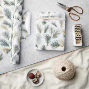 Green painterly spruce and pine pattern wrapping paper