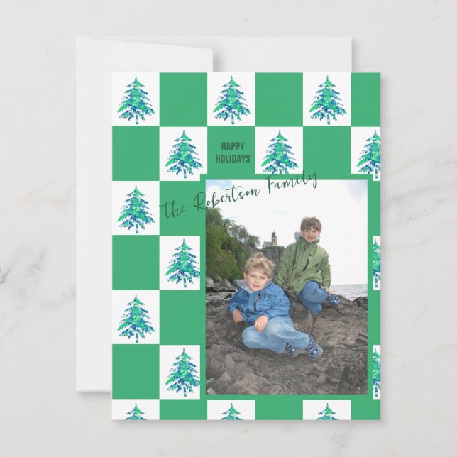 Green Painterly Xmas Tree Chequerboard Photo  Note Holiday Card (Front)
