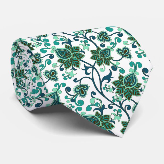 Green Paisley Flowers  Tie (Rolled)