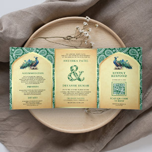 Green Paisley Indian Peacock QR Code Wedding Tri-Fold Invitation