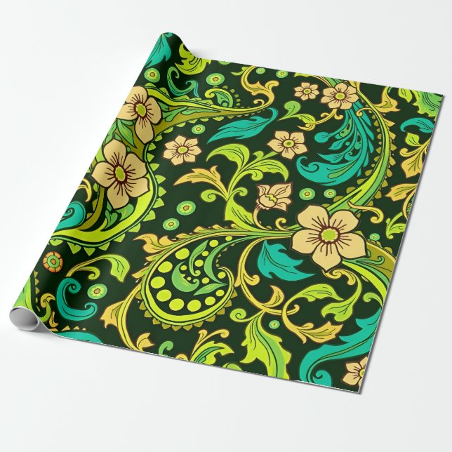 Green Paisley Pattern Wrapping Paper (Unrolled)