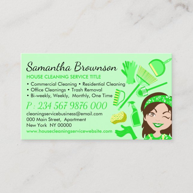 Green Palette Janitor Woman Cartoon House Cleaning Business Card (Front)