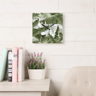 Green Palm Banana Leaves Bliss 1 #art #nature Square Wall Clock