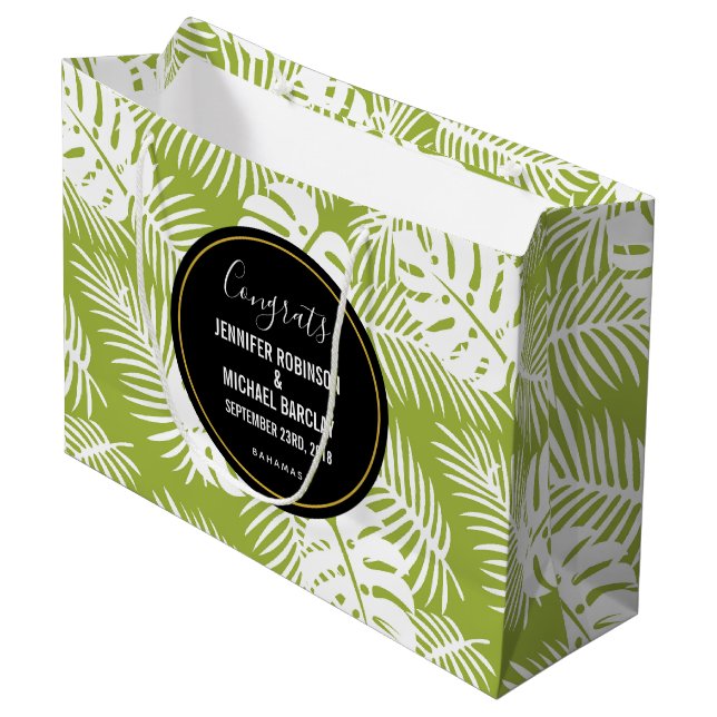 Green Palm Leaf Tropical Pattern Wedding Congrats Large Gift Bag (Front Angled)